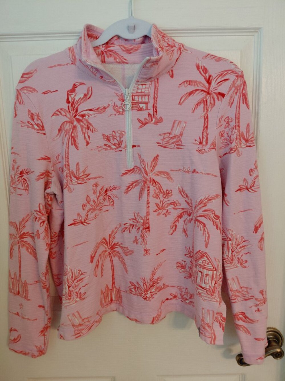 T by Talbots UPF 50 Pink Palm Tree Quarter Zip Top Blouse Medium